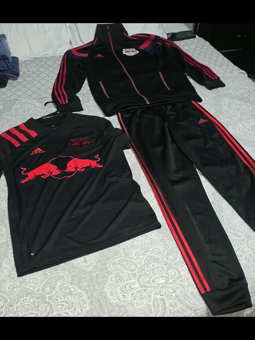 Adidas Black & Red Red Bulls Track Jacket, Pants & Tee Set